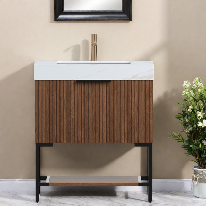 Meuble-lavabo moderne avec lavabo, armoire en céramique frittée de 30 po et noyer foncé