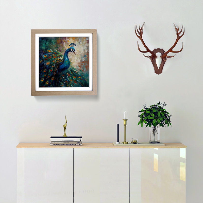 Peacock Palette Knife Painting No.3 - Single Picture Frame Print on Wood, Oak