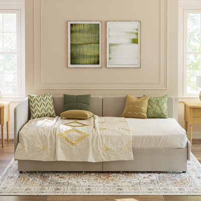 Modern Twin Corner Daybed with Adjustable Rails and 2 Drawers, Daybed with Upholstered Headboard by Latitude Run