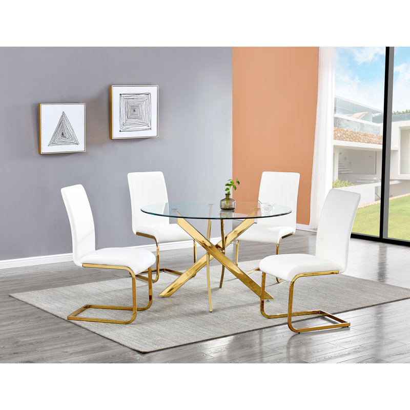 Akinleye 5 Pieces 47" Round Dining Set (Gold) , White