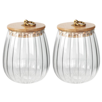 2pcs Glass Storage Jars Airtight Tea Coffee Sugar Canisters Kitchen Storage Containers with Bamboo Lid Metal Handle Pantry Decorative Food Storage Cans 23.7 fl oz