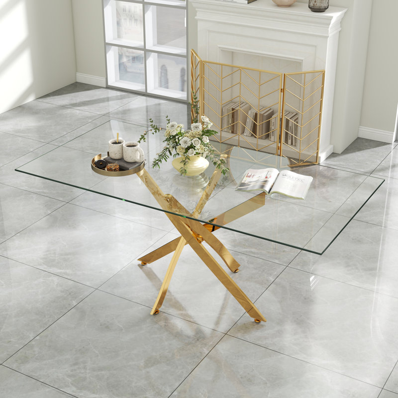 Table de salle à manger rectangulaire en verre trempé avec piédestal en acier inoxydable, H 29,3 po x L 71 po x l 35,4 po