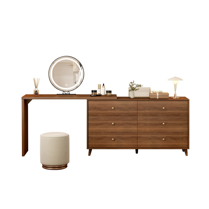 Bureau de coiffeuse avec miroir et lumières, commode de maquillage extensible en noyer Mid-Century de 50 à 90 pouces avec commode à 6 tiroirs de 47 pouces, coiffeuse en L et tabouret, brun