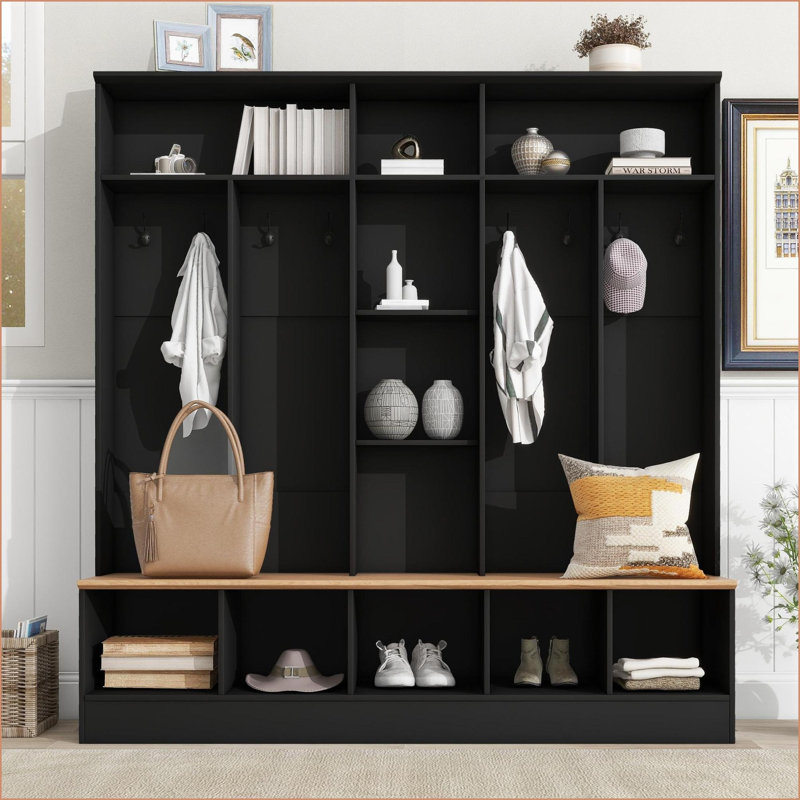Portemanteau avec banc de rangement, portemanteau noir minimaliste avec 5 cubes 8 crochets | Noir | Panneau de particules