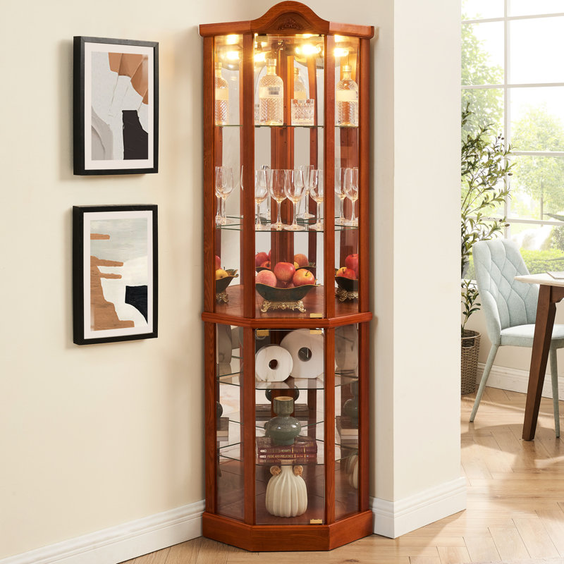 Oak Lighted Curio Cabinet With Customizable Shelves And Elegant Design Classy Display Adjustable Fine Details, Oak