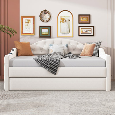 Tufted Upholstered Daybed With Trundle and USB&Type-C Charging Ports for Living Room -  Everly Quinn, FB65FD5E3DD249ABB6A99023424450FA