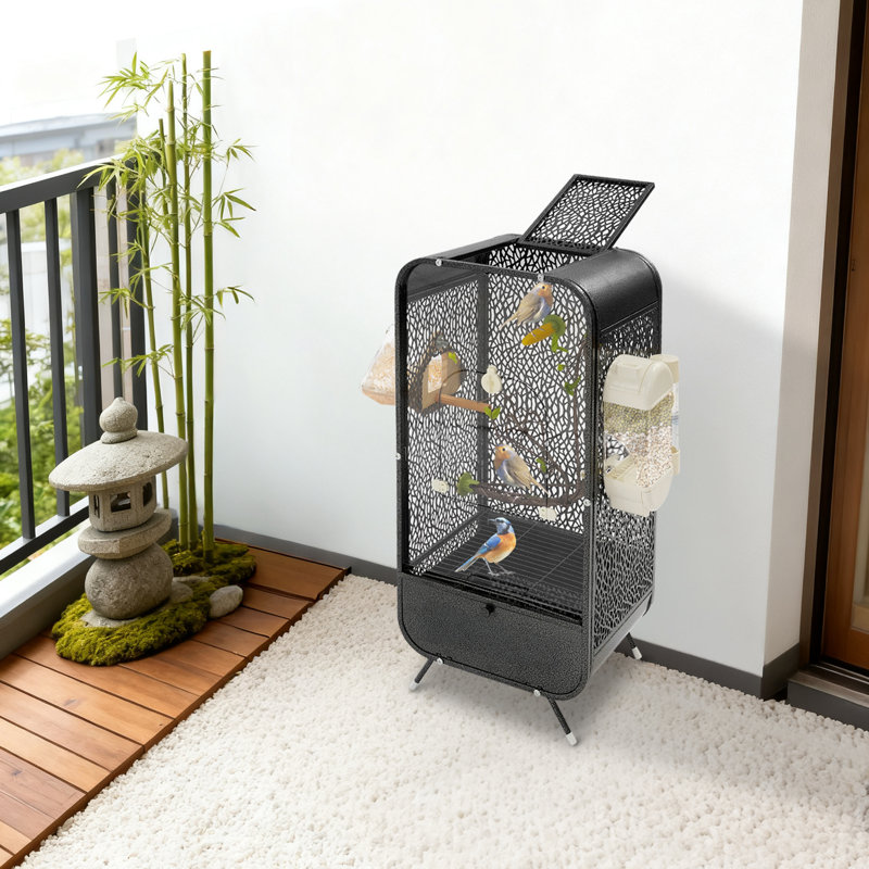 Cage à oiseau 30,3 pouces moderne en fer forgé avec porte transparente et décor d'arbre simulé, Noir