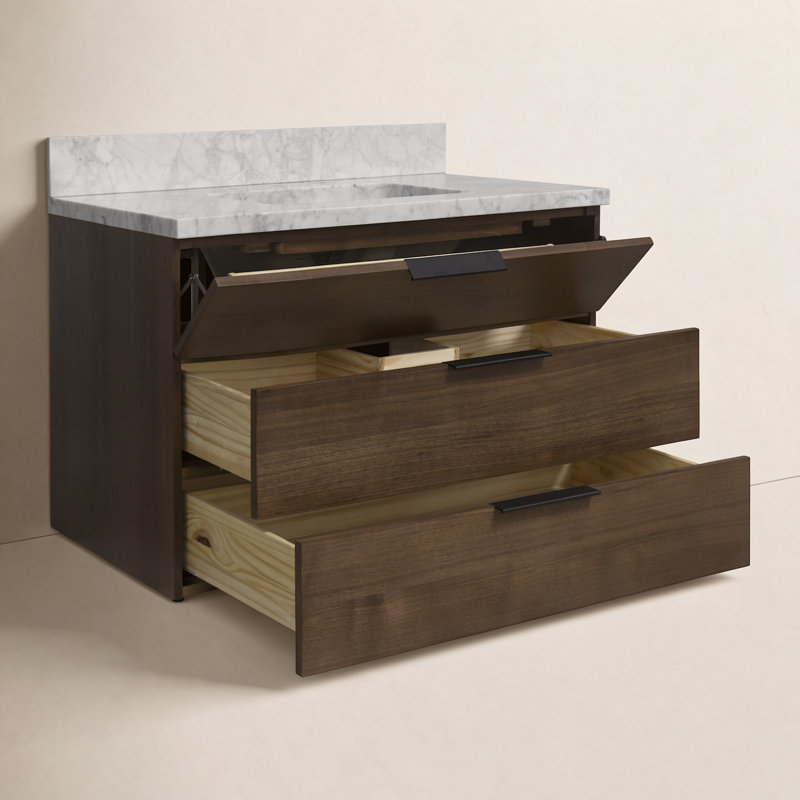 Mitchell 36'' Single Bathroom Vanity with Top, Walnut, Carrara Marble