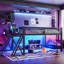 Lit mezzanine pleine grandeur avec bureau, lumières DEL, ports USB, escalier et garde-corps en filet