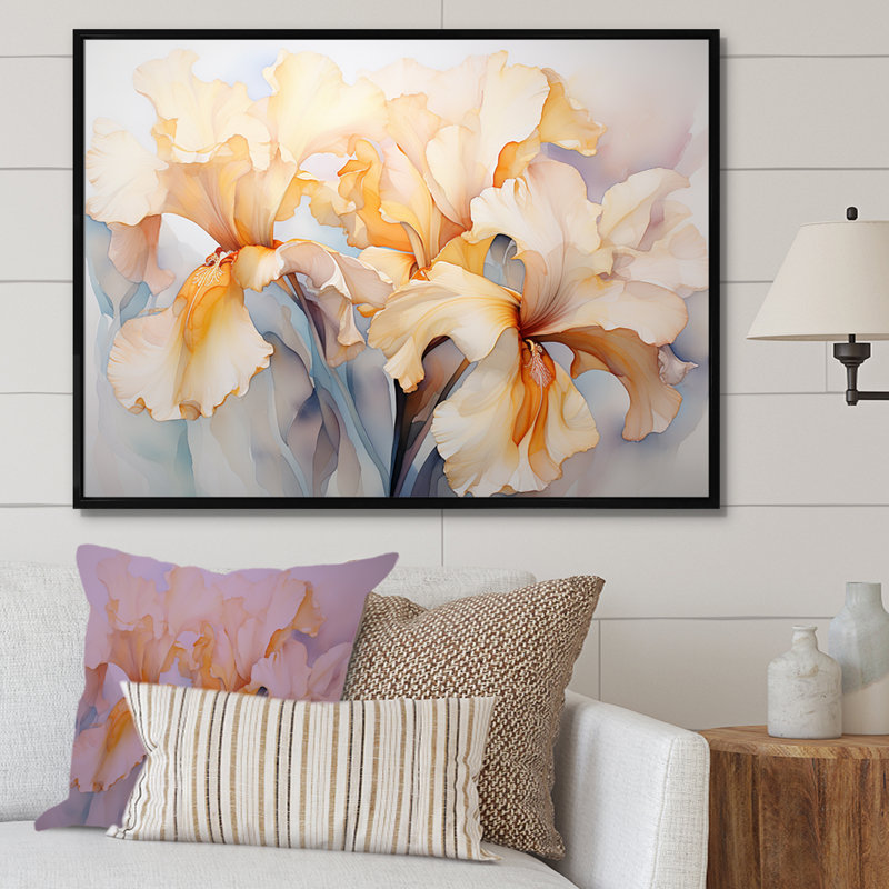 «Beige Minimalisme Irises Serenity Blooms» sur toile, Cadre flottant noir, H 16 po x l 32 po x P 1 po