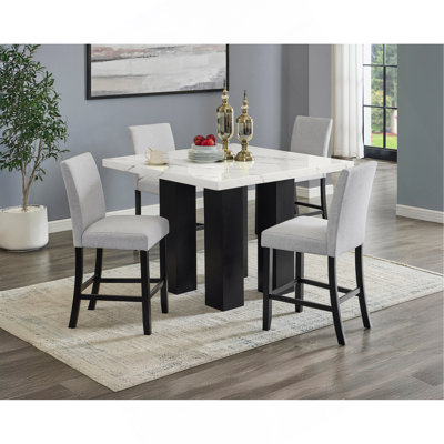 5Pc Dining Table Set Counter Height Square Faux Marble Table Top Light Gray Fabric Upholstered Chair Dining Room Wooden Furniture Solid Wood