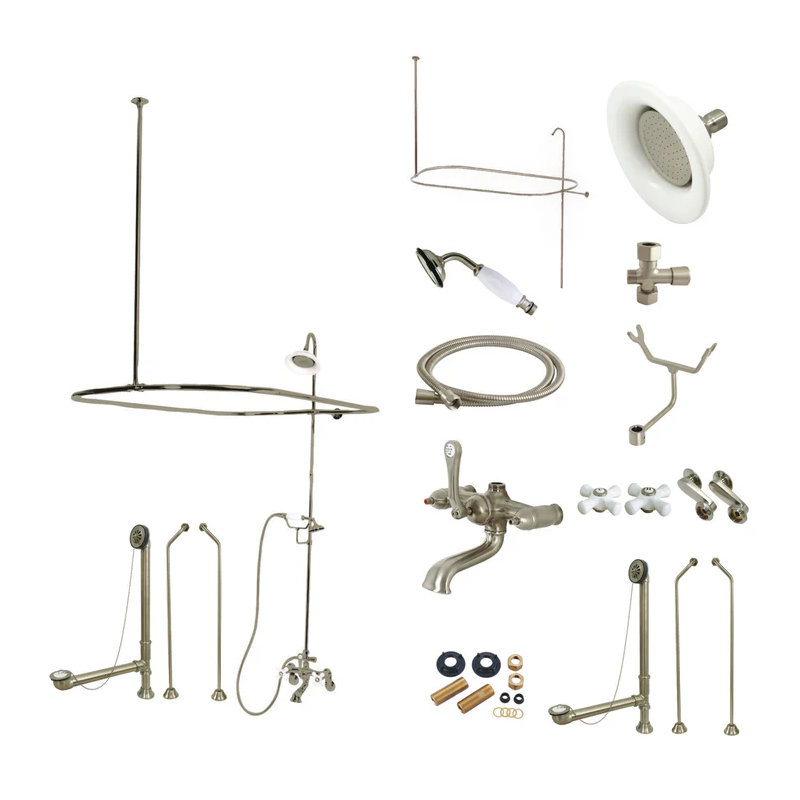 Kingston Brass Vintage Three-Handle 2-Hole Tub Wall Mount Clawfoot Tub Faucet Package with Shower Enclosure and Hand Shower