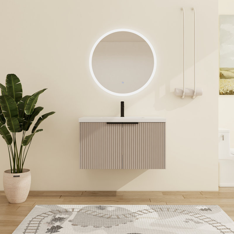  Farnor 36'' Wall-Mounted Single Bathroom Vanity With Resin Vanity Top, Khaki, 36"