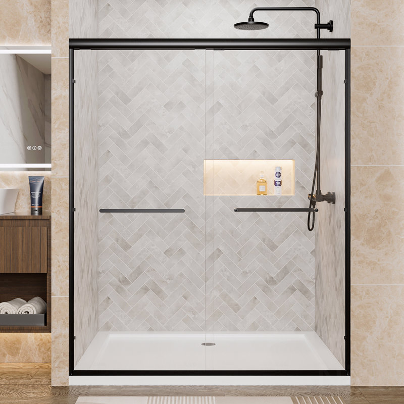 Aluminum Frame Material Double Sliding Opening Shower Door  - 1/4" (6Mm) Clear Tempered Glass With Explosion-Proof Film, Dual Stainless Steel Handles