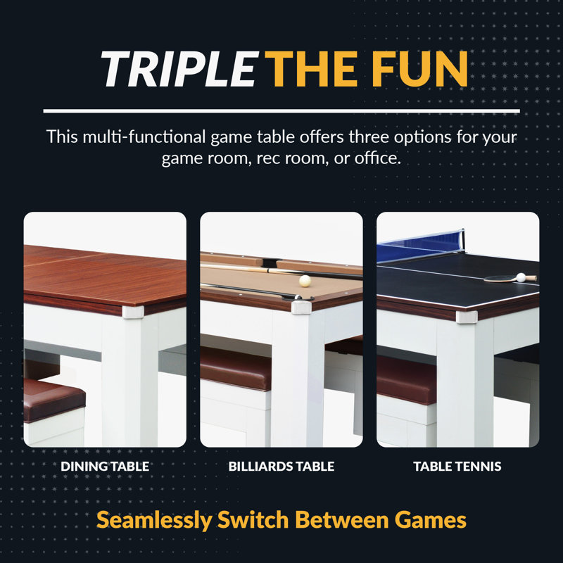 Hathaway Newport 7-ft Dining Pool Table Combo with Game Accessories, & 2 Benches – Multifunctional Billiards Table with Ping Pong & Dining Top – White Finish, Walnut Accents, Camel Felt