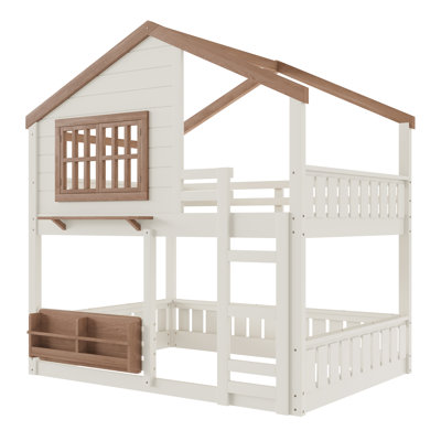 Full Size Bunk Bed/Loft Bed with Bookshelf, House Design, High-Quality Safety Fencing,Beige & Natural