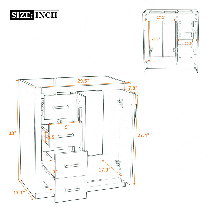 Ensemble de meuble-lavabo autoportant avec cadre en bois massif 30 po, 3 tiroirs et portes à fermeture douce