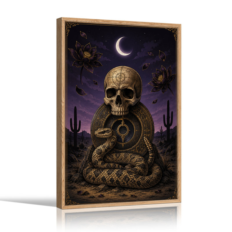 Impression sur toile, crâne doré et serpent enroulé dans la nuit du désert, H 48 po x l 32 po
