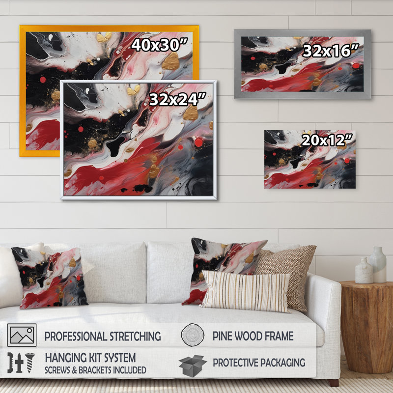 Red and Black Marble Whispers III - Art mural abstrait en marbre, Cadre simple noir, H 30 po x l 40 po x P 1,5 po
