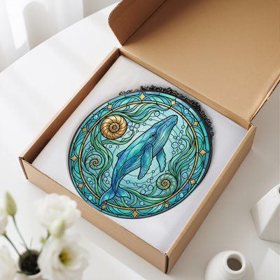 Whale Ocean Stained Glass Window Panel，7.8H