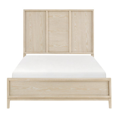Très grand lit contemporain en bois brun avec tête de lit à trois panneaux, idéal pour un décor de chambre à coucher de style bord de mer ou transitionnel, avec composants, taille de sommier nécessaire en couleur, tête de lit, retraite,