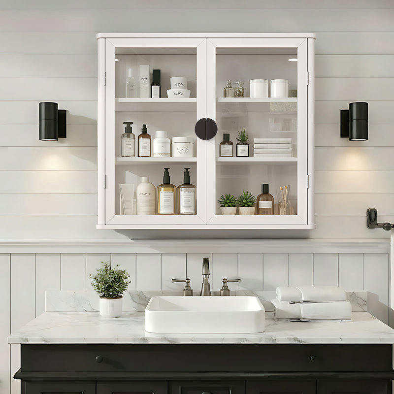 Tempered Glass Display Wall Storage Cabinet,Bathroom Wall Cabinet, Blanc/Noir