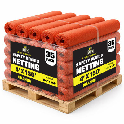Filet de sécurité orange pour débris, 1,2 m x 45,7 m, maille 1,6 mm, paquet de 35, ignifugé et traité anti-UV. Idéal pour les échafaudages, le contrôle de la poussière, la création de barrières de chantier, la protection contre le vent et la protection des sites.