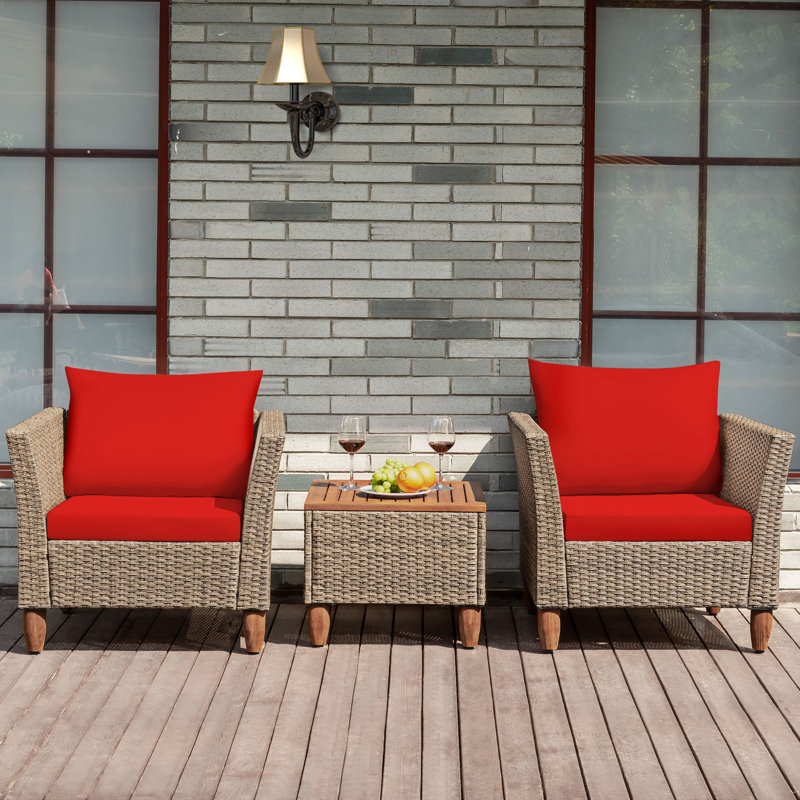 Mix Brown and Blue Rattan 3-Piece Outdoor Seating Set with Acacia Wood Table