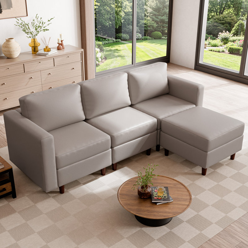 Canapé d'angle moderne réversible 4 pièces en forme de L, 232 cm (91,5 po), avec siège de rangement - Similicuir gris clair