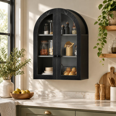 Armoire de rangement murale cintrée avec portes vitrées, tablette réglable et accessoires de suspension