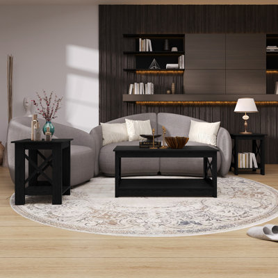 3-Piece Coffee and End Table Set with X-Style Accents in Brown