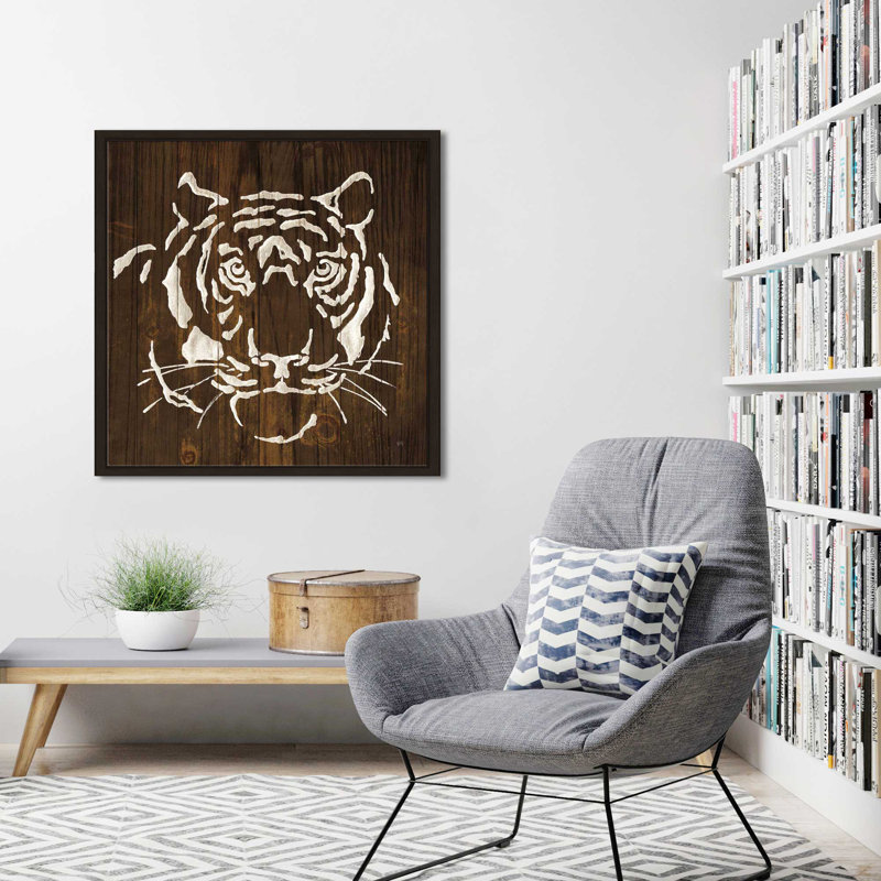 Tigre blanc sur bois foncé - impression, Cadre flottant espresso, H 21,5 po x l 21,5 po x P 2 po