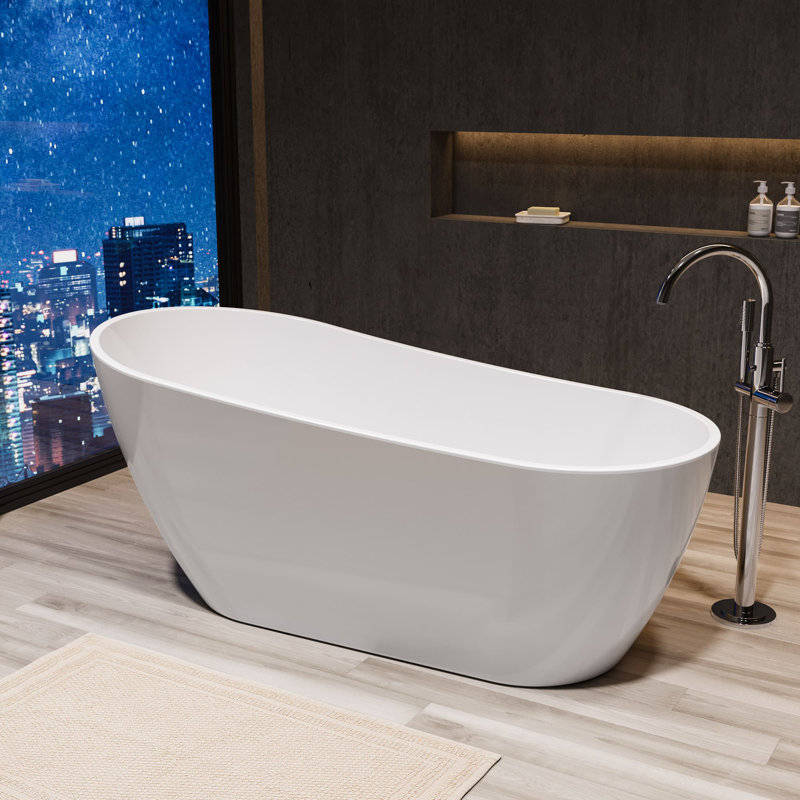 Baignoire de trempage autoportante à dossier haut en acrylique blanc brillant avec trop-plein et drain intégrés