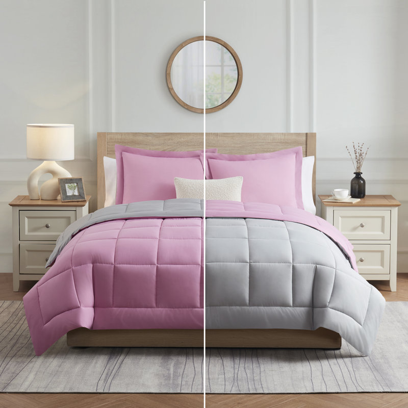 Nestl All Season Solid Lightweight Down Alternative Reversible Comforter, Full Comforter + 2 Standard Shams, Pink/Gray