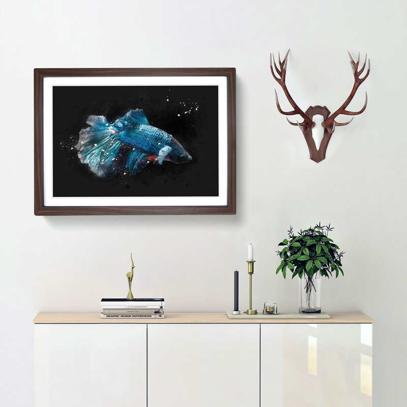Blue Siamese Fighting Fish 1 Piece Single Picture Frame Painting on MDF, 45cm H x 63cm W x 2cm D, Walnut Framed
