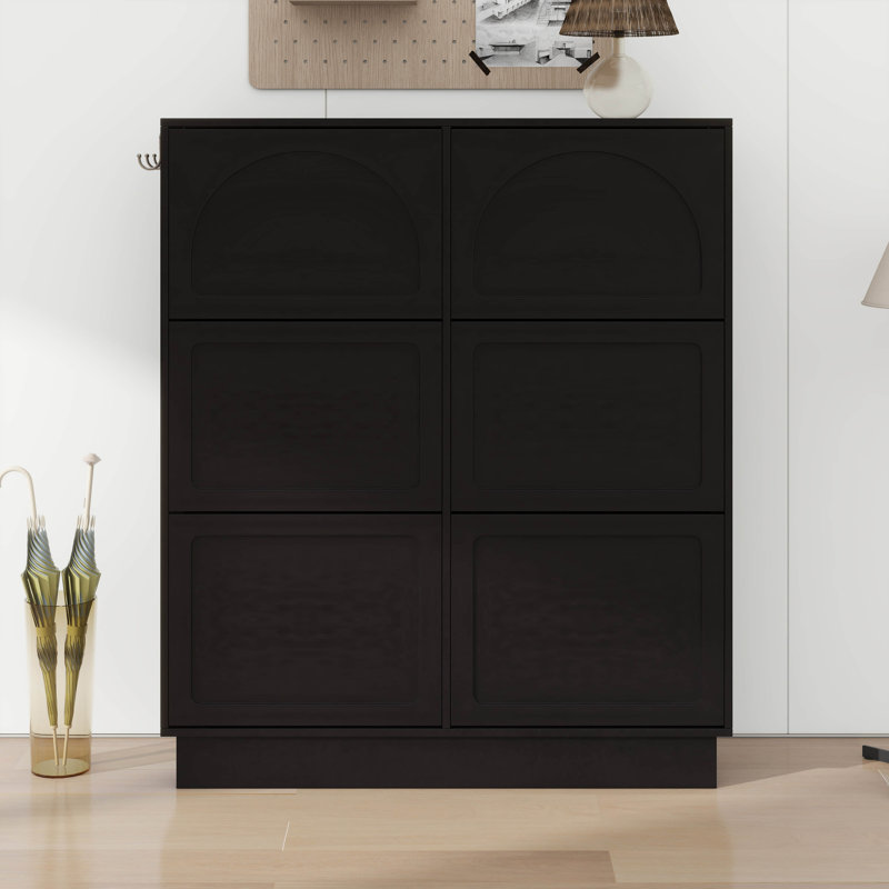 Modern Tipping Bucket Shoe Cabinet With 6 Flip Drawers, Adjustable Shelf, Freestanding Shoe Rack With 3 Silvery Hooks, Black