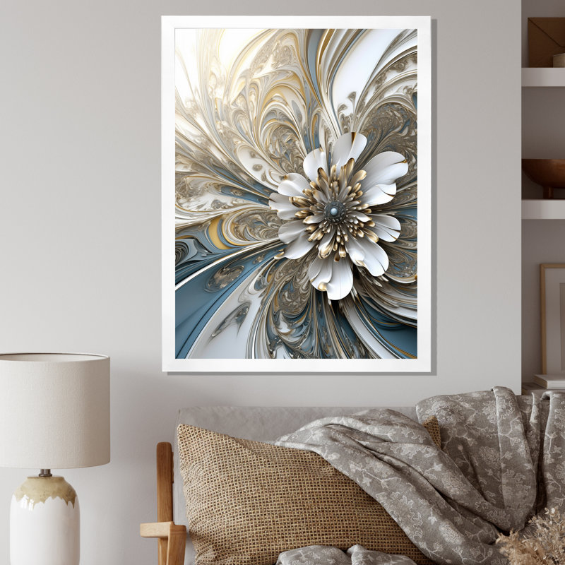 «Blossoming Fractal Flower» en blanc et bleu - reproduction sur toile, Cadre simple blanc, H 40 po x l 30 po x P 1,5 po