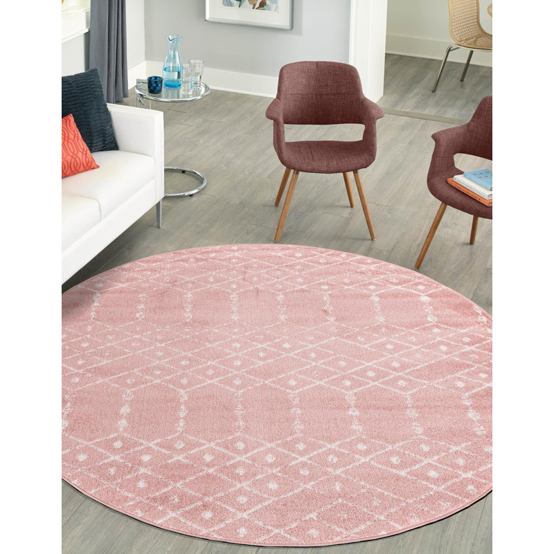 Tapis rose à motif géométrique, Rond 7 pi 10 po