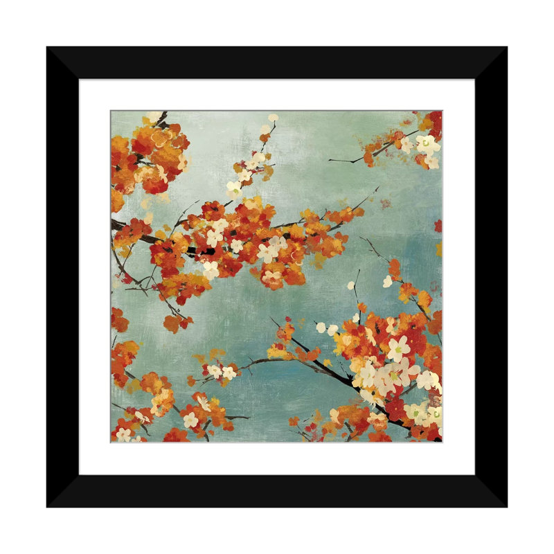 « orange fleurs ii », reproduction sur toile, H 16 po x l 16 po x P 1 po, Papier d'art encadré noir, Blanc