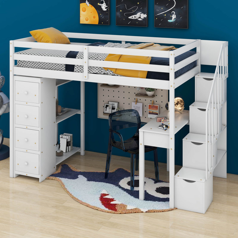 Lit mezzanine simple avec tiroirs de rangement Hartwiga, Blanc