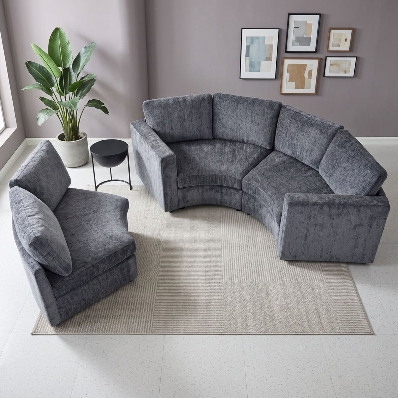 Canapé modulaire courbé modulaire en chenille 3 places avec sièges profonds et coussins et housses amovibles, Grey