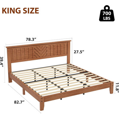 Structure de lit plateforme en bois très grand avec tête de lit en V, support de lattes en bois, sommier anti-bruit, aucun sommier requis, assemblage facile, rangement sous le lit, brun clair