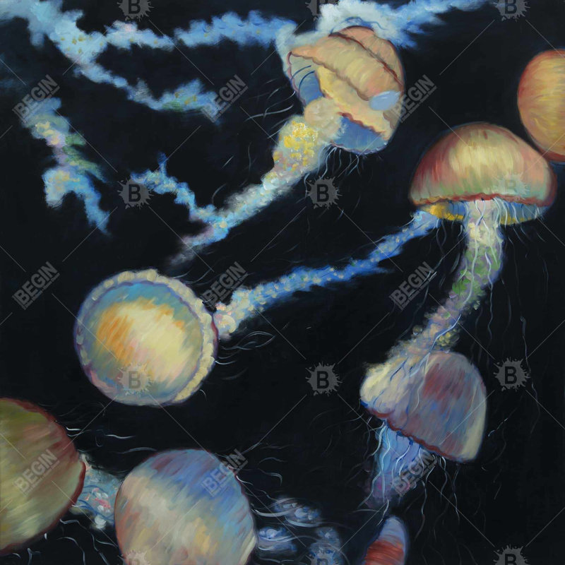Méduse colorée sur toile bleu foncé - Décoration intérieure