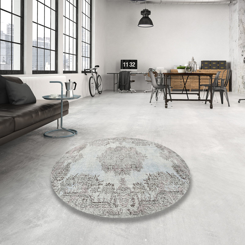 Tapis décoratif gris en laine abstraite, Rond 8 pi