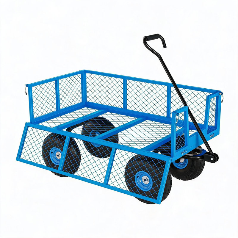 Chariot utilitaire de jardin robuste en acier avec côtés amovibles, poignée de traction flexible et pneus tout-terrain de 25 cm (10 pouces), compatible avec le remorquage pour une utilisation dans la cour, à la ferme et avec un VTT