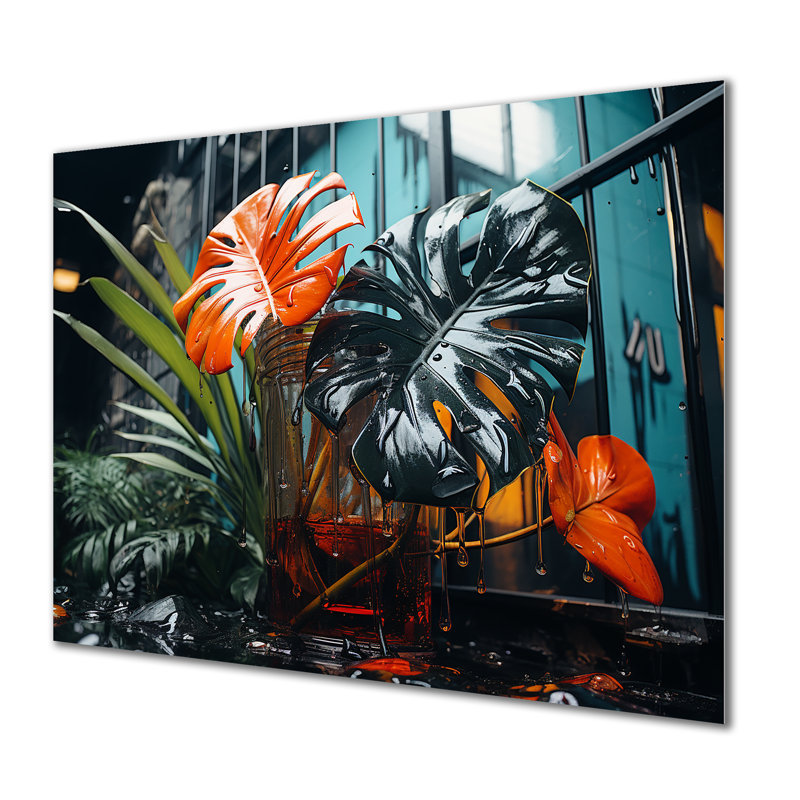 Art moderne moderne orange et vert fleurs tropicales II - Collages abstraits en métal, H 30 po x l 40 po x P 1,5 po