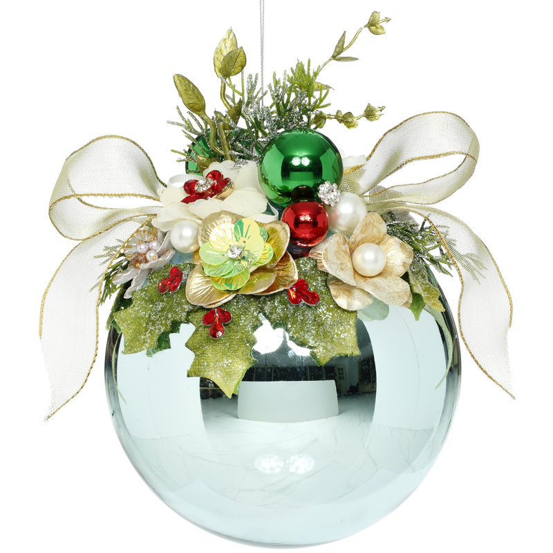 Floral Jeweled Ornament, Shiny, Blue - 7.5 Inches