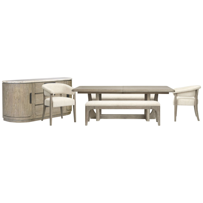 Extendable Rectangular Dining Table With 2 Benches 2 Host Chairs And Buffet, 6 Pieces: Table, 2 Benches, 2 Chairs, Buffet