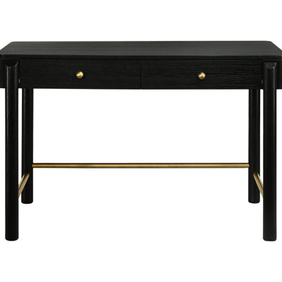 Modern Coastal Black Makeup Table With Two Drawers, Rounded Design Elements, Aged Brass Hardware, Ideal For Primary Living Space, 30 Inches High 2 - Drawer Desk Or Console, Corners, Solid Wood + , 48