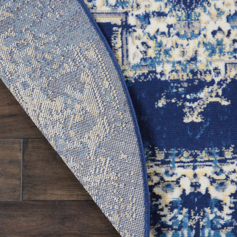 Burnie Oriental Blue/White Area Rug, Round 4'